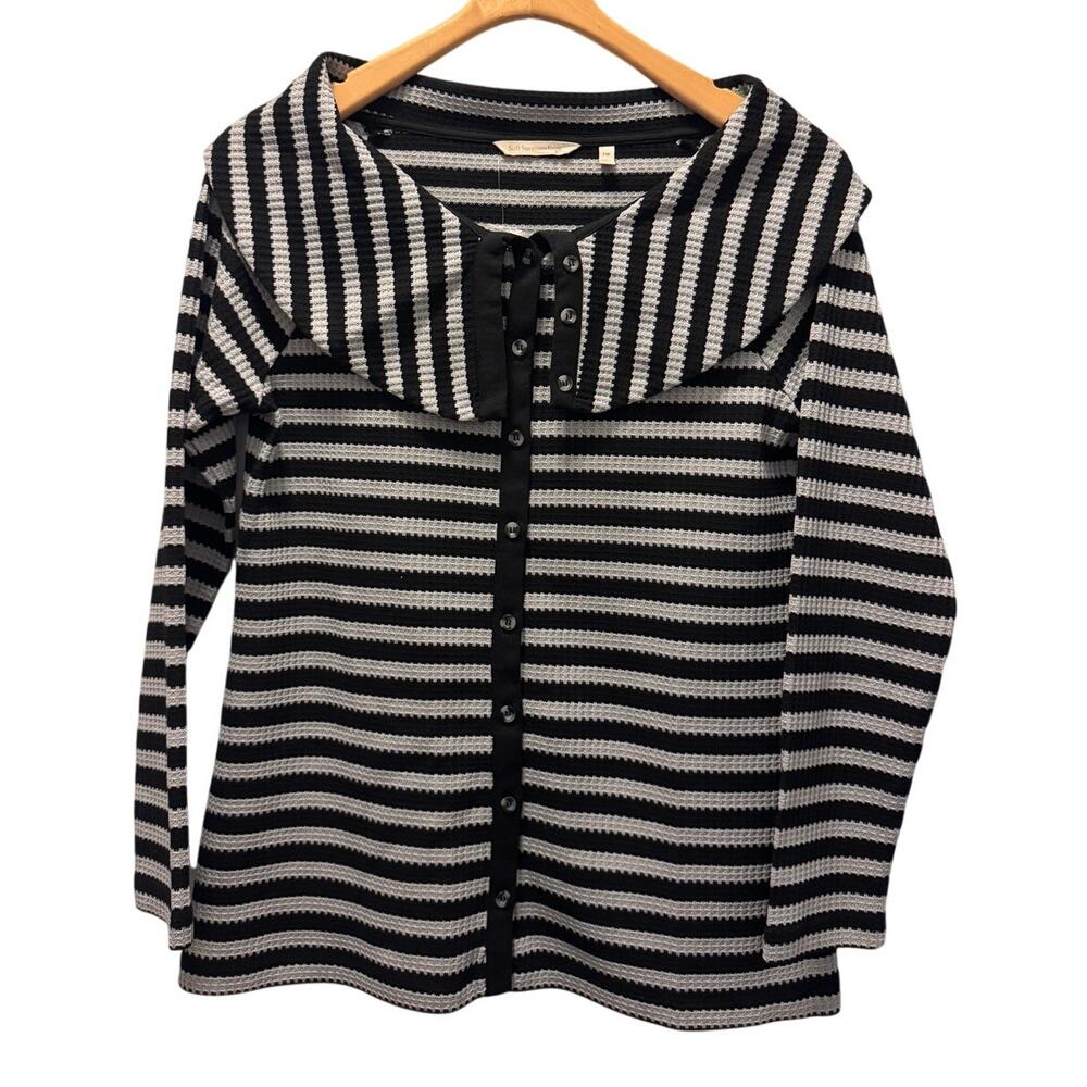 Soft Surroundings Serene Sweater PM Black White Striped Cardigan Tie Collar